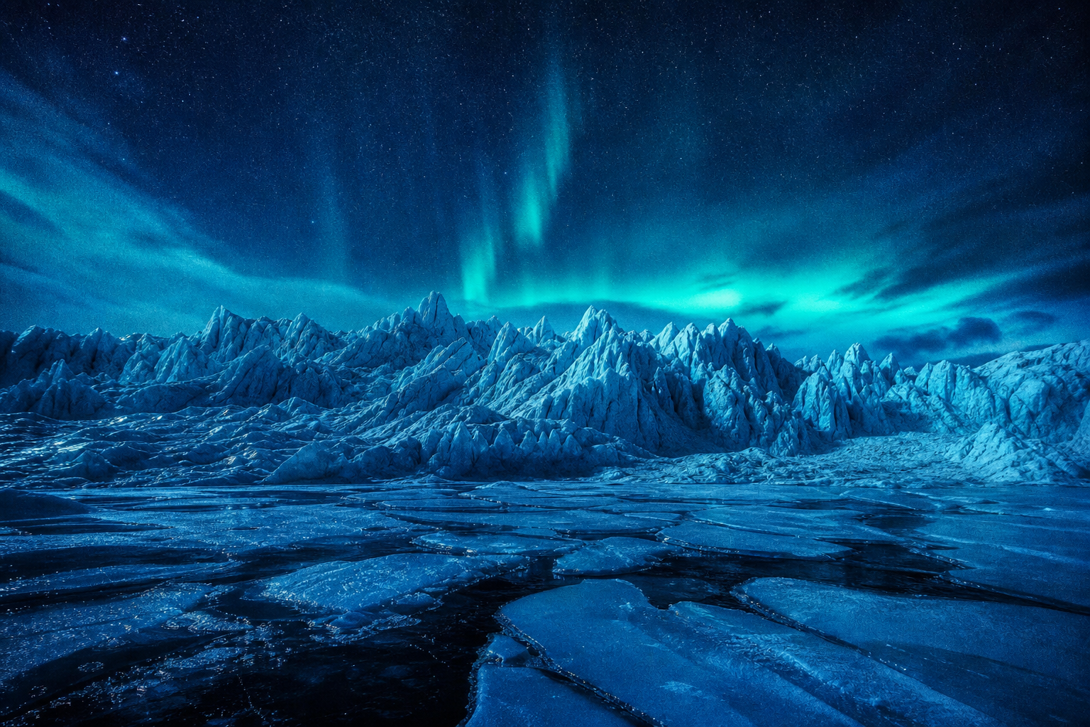 Jagged glacier ice field under deep polar sky with cyan aurora glow