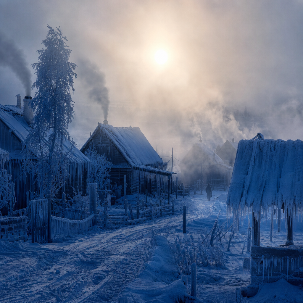 Siberian frost landscape with ice fog and harsh polar cold
