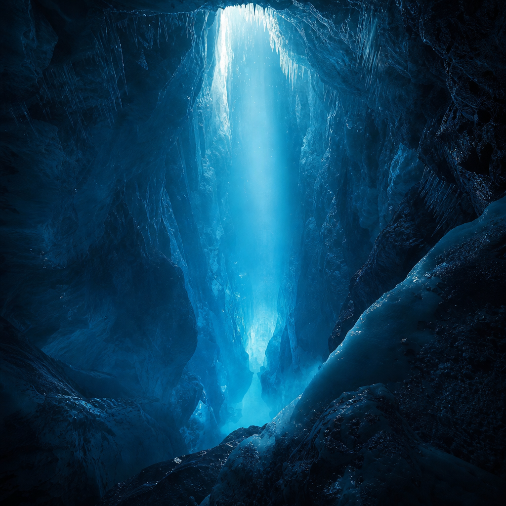 Deep ice cave with cyan light and vertical abyss